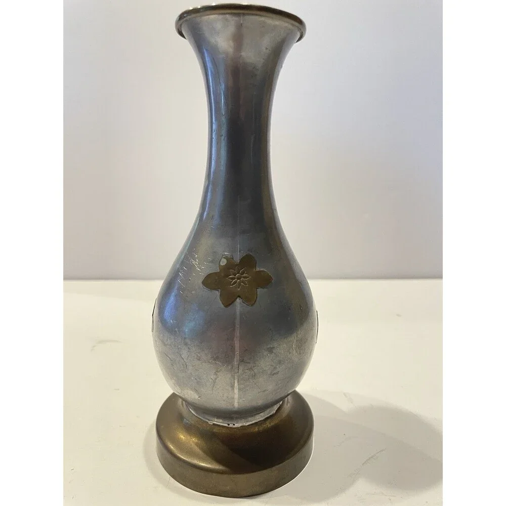 Vintage Mid-century Solid Pewter Vase with Brass Overlay Made In Hong Kong